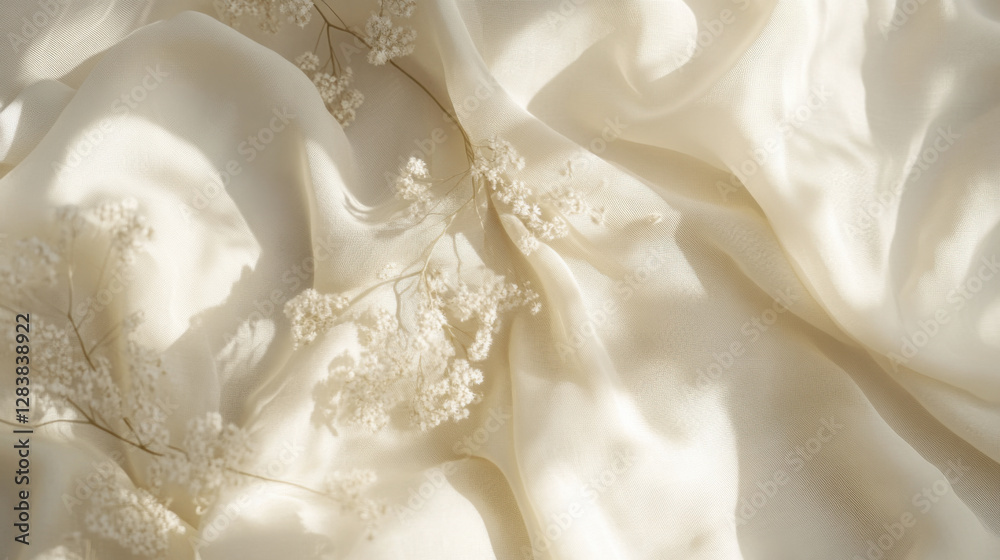 Fototapeta premium Soft white fabric with delicate flowers, creating ethereal atmosphere