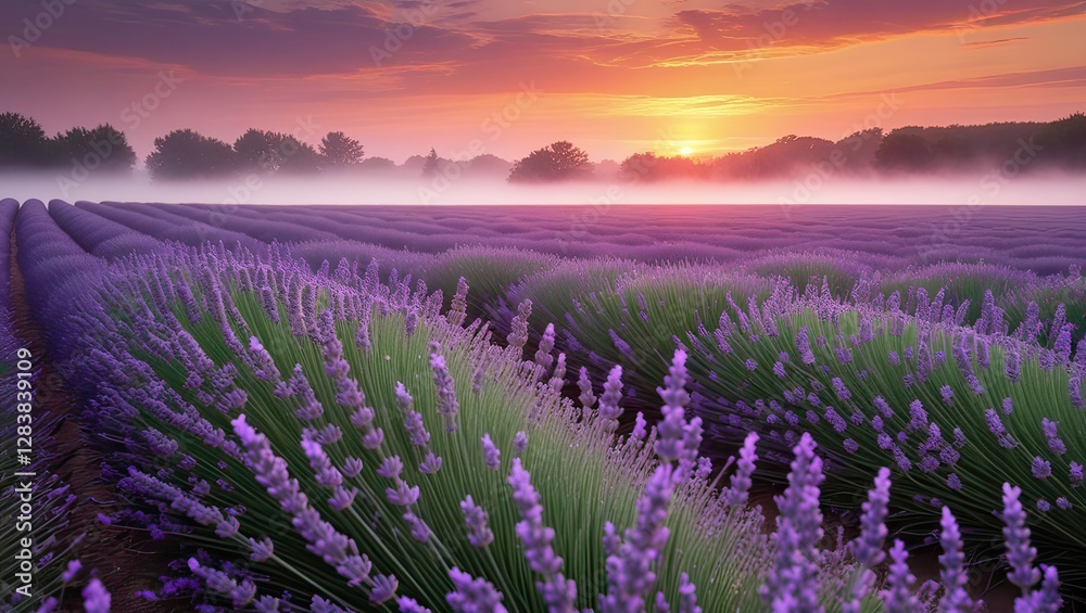 Lavender Field at Sunrise with Mist Lavender Field at Sunrise with Mist