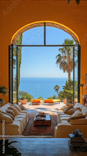 bright living room with large windows showcasing stunning ocean view. warm yellow walls and lush greenery create vibrant   perfect for relaxation