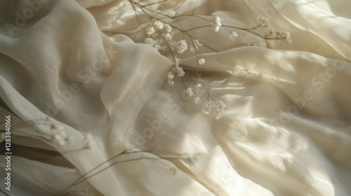 Soft fabric draped elegantly with delicate flowers, creating serene atmosphere
