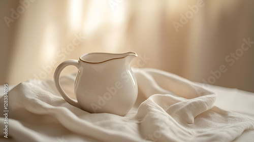 Wallpaper Mural Creamy white ceramic pitcher with handle sits on a textured cloth against a neutral backdrop. Torontodigital.ca