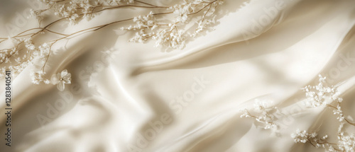 Soft beige fabric with delicate white flowers, creating serene atmosphere