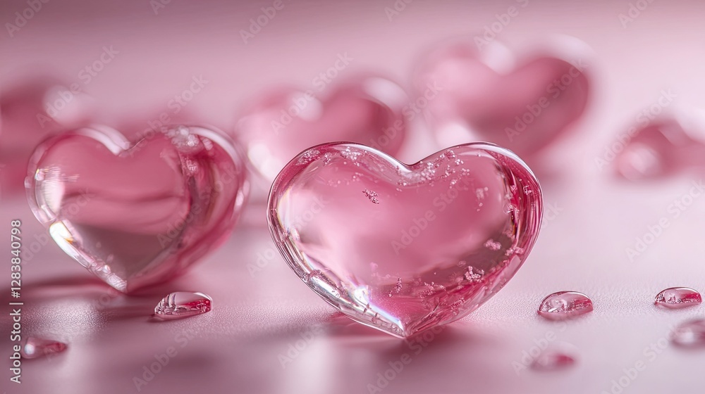 Cluster of translucent glass heart shapes resting on a soft pink backdrop for a romantic touch. Cluster of translucent glass heart shapes resting on a soft pink backdrop for a romantic touch.