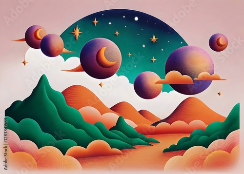 Surreal Colorful Landscape Celestial Bodies Dreamy Mountains Whimsical Clouds Starry Night Vibrant Nature Abstract Art