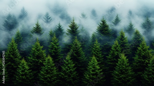 Foggy forest landscape with dense trees and mist in a vintage retro style setting