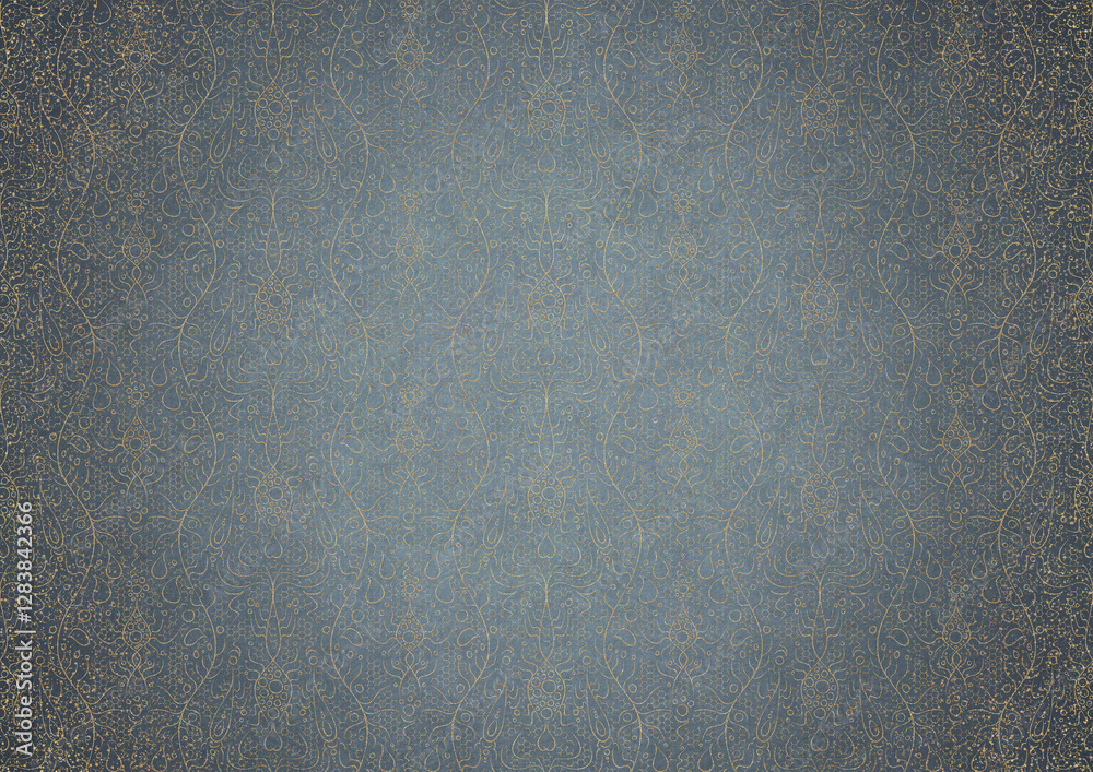 custom made wallpaper toronto digitalHand-drawn unique abstract gold ornament on a light blue background, with vignette of darker background color and golden glittery sparks. Paper texture. Digital artwork, A4. (pattern: p13-2c)