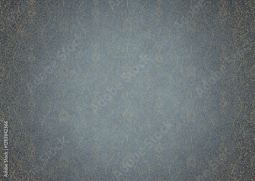 Wallpaper Mural Hand-drawn unique abstract gold ornament on a light blue background, with vignette of darker background color and golden glittery sparks. Paper texture. Digital artwork, A4. (pattern: p13-2c) Torontodigital.ca