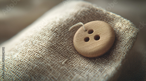 Wooden button secured on rustic fabric, embodying a homespun charm and detailed craftsmanship.