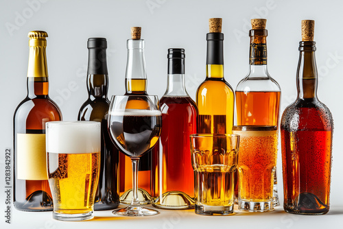 Alcohol Drinks: Bottles and Glasses of Wine, Beer, and Spirits. Perfect for a Party or Celebration!
