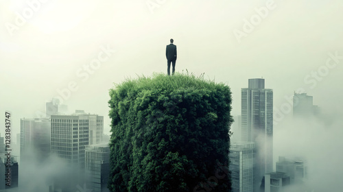 Wallpaper Mural Businessman standing on floating island of grass high above foggy cityscape looking out at urban skyline contemplating future Torontodigital.ca