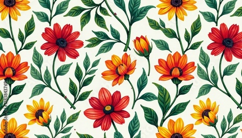 Wallpaper Mural intricate floral patterns with curved stems and leaves in a seamless block-printed style, , Seamless Torontodigital.ca