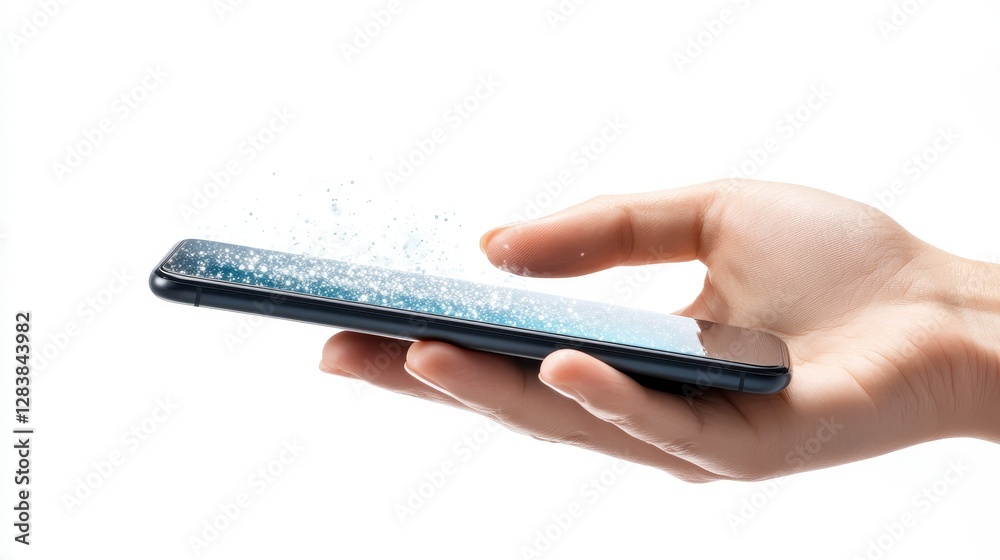 Hand Holding Smartphone with Sparkling Digital Effects Overlay Hand Holding Smartphone with Sparkling Digital Effects Overlay