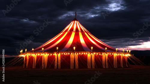 A Red And White Striped Circus Tent Under A Dark Sky