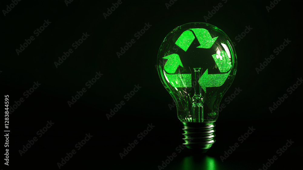 Light bulb with glowing green recycle symbol promoting eco-friendly practices and raising environmental awareness Light bulb with glowing green recycle symbol promoting eco-friendly practices and raising environmental awareness