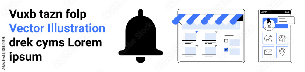 Notification bell icon, a website layout with a storefront awning, and a mobile profile page. Ideal for web design, UXUI presentations, e-commerce, mobile apps, notifications, online businesses