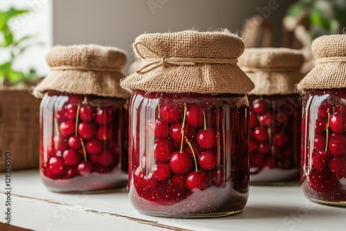 Sweet Cherry Preserves in Rustic Glass Jars: A Homemade Harvest Delight
