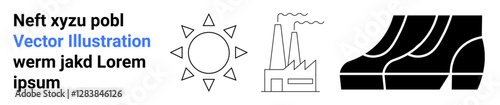 Sun icon, factory emitting smoke, and fossil fuel concepts side by side. Ideal for energy, industry, environment, sustainability, pollution, ecology flat landing page banner