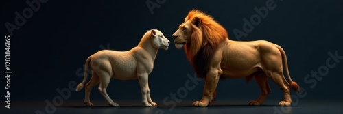 Majestic lion and lamb standing together on a dark background, symbolizing unity and harmony , black, lamb