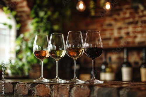 Fototapeta Naklejka Na Ścianę i Meble -  Wine Tasting: Four Glasses of Exquisite Red, White, and Rosé Wines