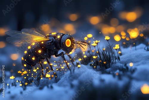mechanical firefly, built to preserve winte grip, have been reprogrammed. They scatter across the frozen landscape, their wings dripping golden nectar that melts snow on contact, awakening flora