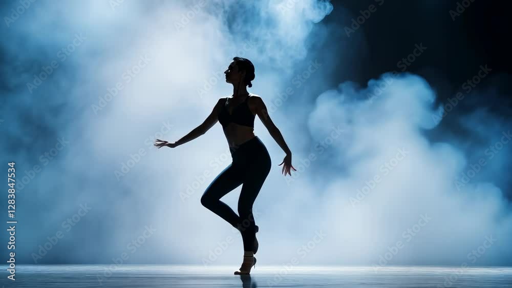 Elegant Silhouette of a Dancer Captured in a Dramatic Stage Lighting and Fog Elegant Silhouette of a Dancer Captured in a Dramatic Stage Lighting and Fog