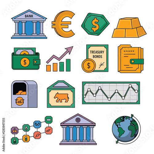 vector colorful economy trading graph cash money linked with curved dash line over the world bank