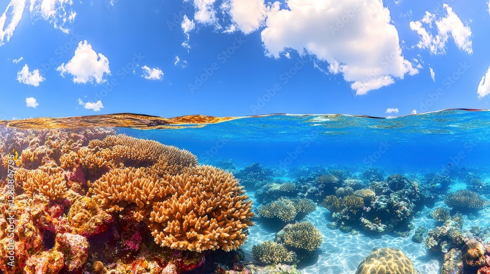 Naklejka premium Vibrant Coral Reef Under a Sunny Sky, Underwater Seascape