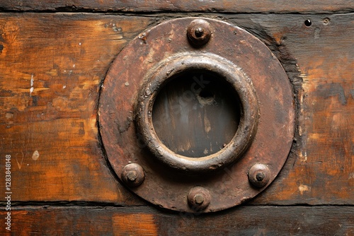 Rustic Wooden Texture with Aged Metal Porthole: Vintage, Nautical Background