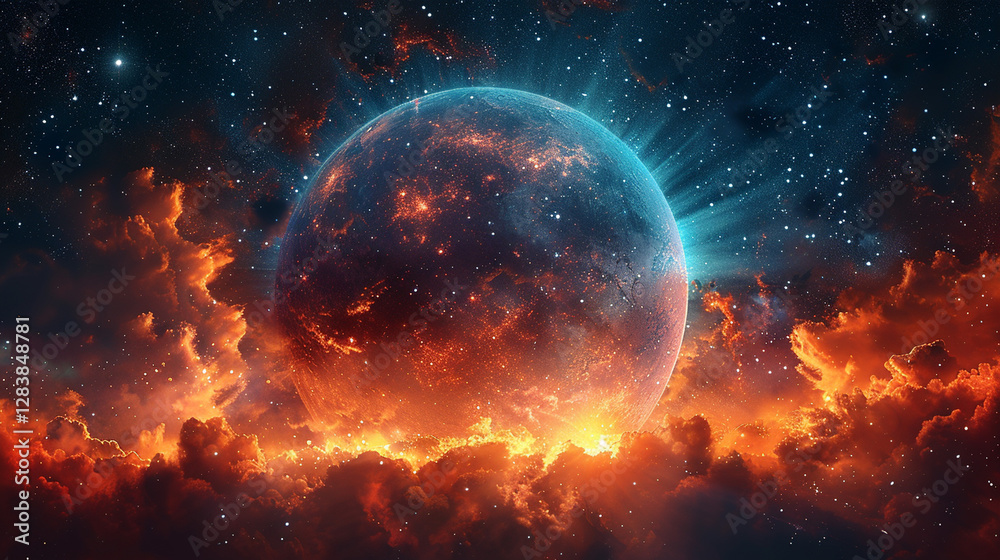 Obraz premium Fiery planet in a starlit nebula.