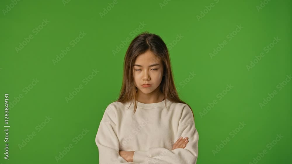 Asian girl child with crossed arms and angry face looks at camera, negative expression, isolated on chroma key green screen studio background mockup. Asian girl child with crossed arms and angry face looks at camera, negative expression, isolated on chroma key green screen studio background mockup.