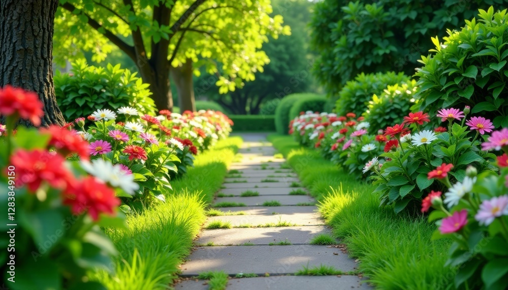 Fototapeta premium Natural stone pathway leading to a lush green lawn surrounded by blooming flowers and shrubs , garden, natural stone sidewalk