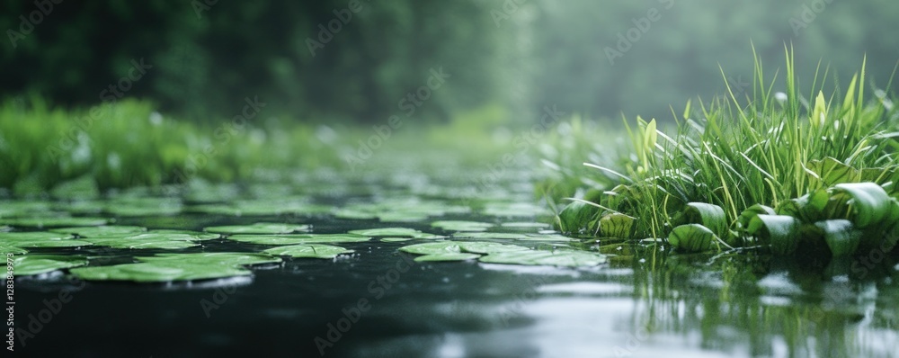 Lush green grass growing alongside a tranquil swamp with calm water reflecting the surrounding nature creating a serene environment healthy living concept Lush green grass growing alongside a tranquil swamp with calm water reflecting the surrounding nature creating a serene environment healthy living concept