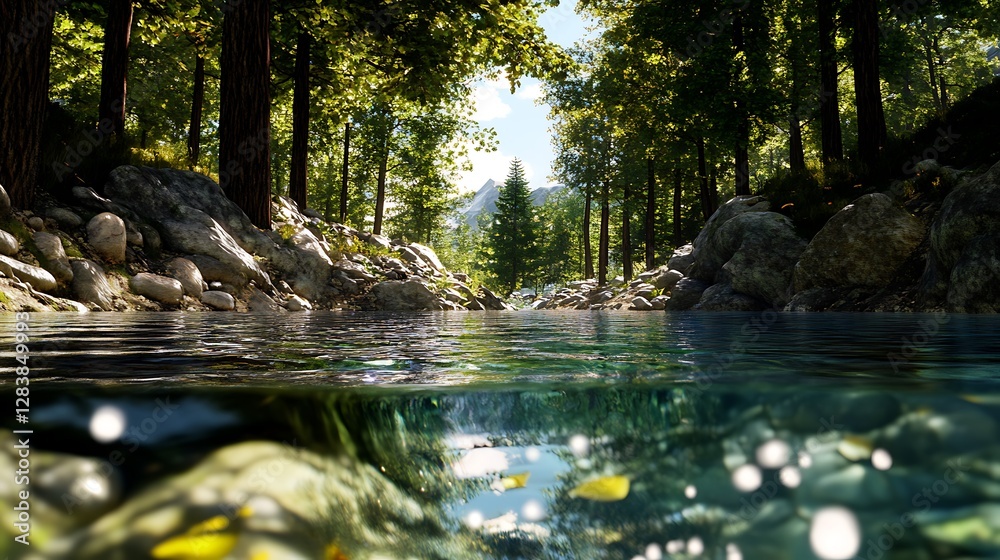 Fototapeta premium Sunlit Forest Stream: A Crystal-Clear Underwater Perspective AI Generated