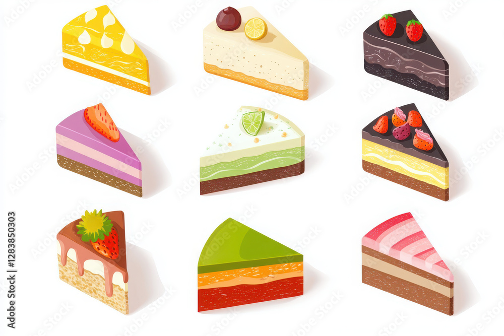 Collection of cake slices. Chocolate, strawberry, red velvet, vanilla, matcha or green tea, lemon, and blueberry cake. Isometric sweets icon. Collection of cake slices. Chocolate, strawberry, red velvet, vanilla, matcha or green tea, lemon, and blueberry cake. Isometric sweets icon.