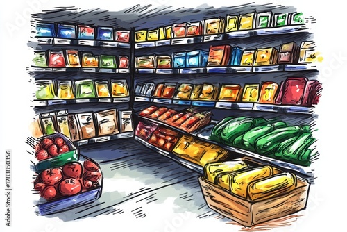 Colorful sketch of a grocery store interior with fresh produce