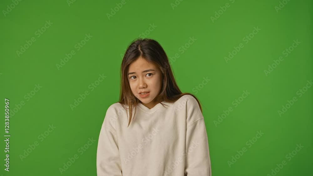 Asian girl child with shocked face looks at camera, covering face with hands, scared expression, isolated on chroma key green screen studio background mockup.