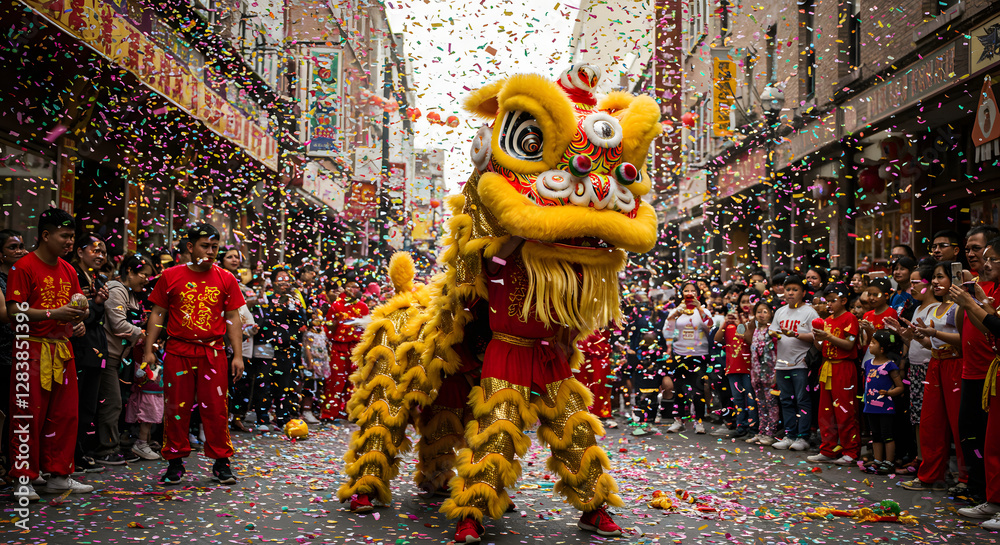 Vibrant Chinese New Year Lion Dance Celebration with Confetti and Crowd Vibrant Chinese New Year Lion Dance Celebration with Confetti and Crowd