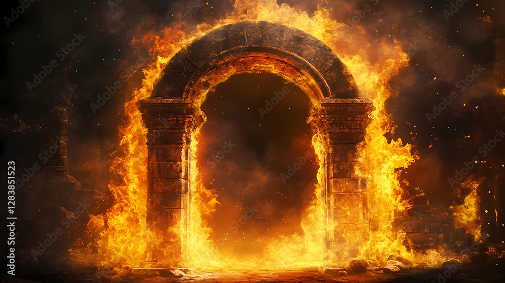 Fototapeta premium Fiery gateway to the underworld: a digital painting of a burning archway. Portal to the Netherworld. Illustration