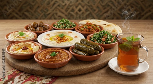 Exquisite Lebanese mezze selection accompanied by fragrant mint tea
