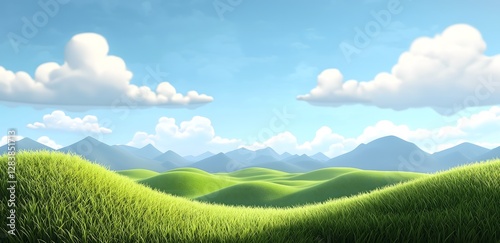Cartoon-style landscape with rolling green hills and fluffy clouds