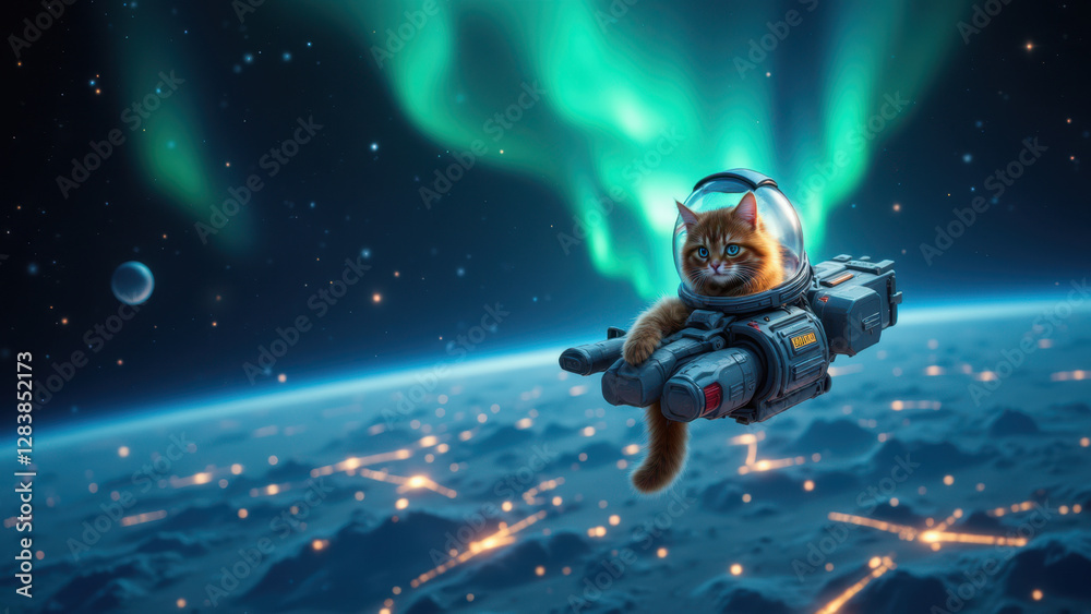Cat astronaut exploring outer space with planet Earth visible below. Cat astronaut exploring outer space with planet Earth visible below.