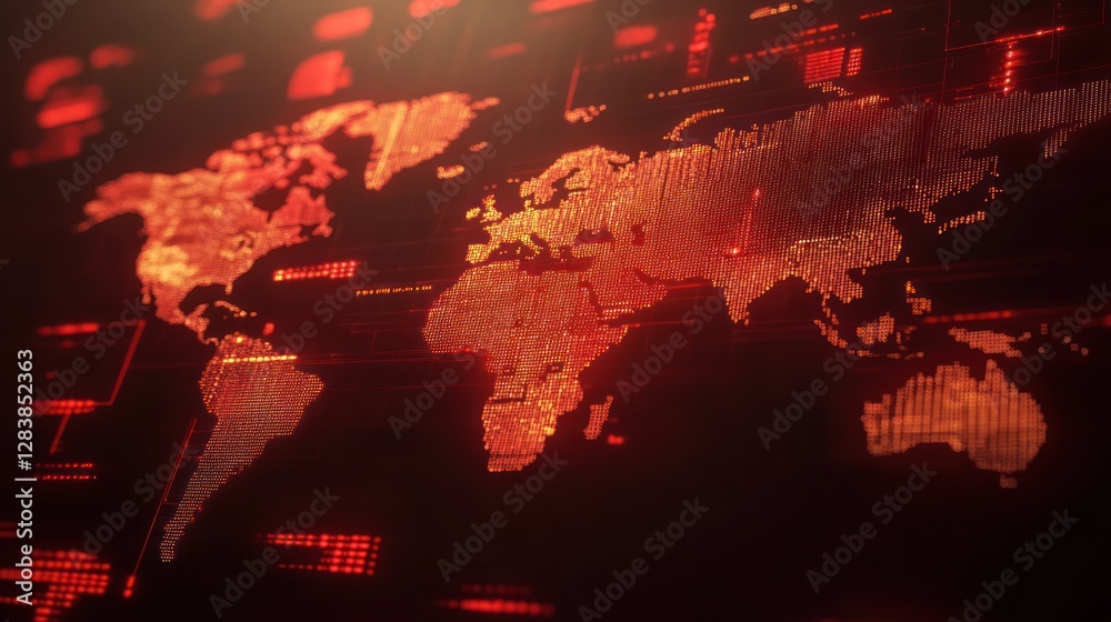 Fototapeta premium Glowing red digital world map on dark background.