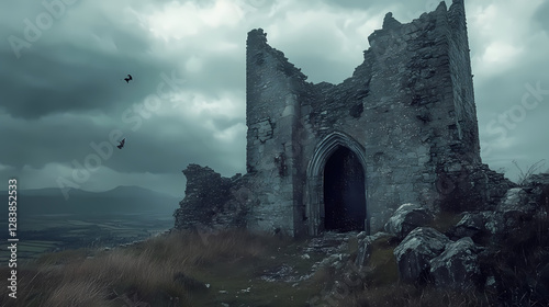 Fiery ruins of a dark castle gate in hellish landscape. Portal to the Netherworld. Illustration