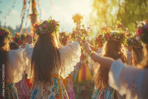 Women in floral crowns dance joyfully at summer festival sunlight glowing on their hair and dresses photo