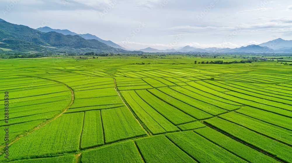 Obraz premium Aerial view of lush green rice fields with geometric patterns, surrounded by mountains under a cloudy sky.