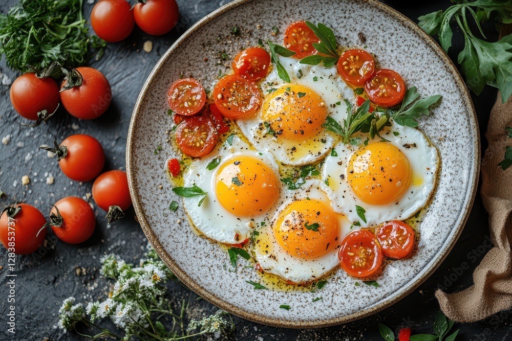 Sunny side up eggs with cherry tomatoes and herbs delicious breakfast Sunny side up eggs with cherry tomatoes and herbs delicious breakfast