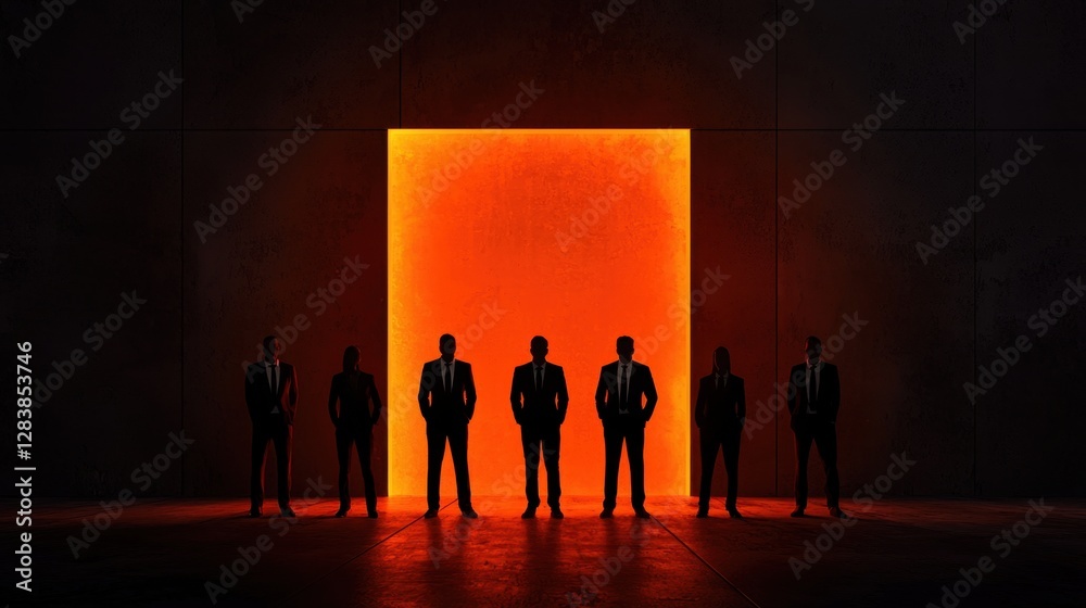 Fototapeta premium Group of businessmen in black suits silhouetted against a vibrant glowing orange backdrop in a modern architectural space, symbolizing unity and strength
