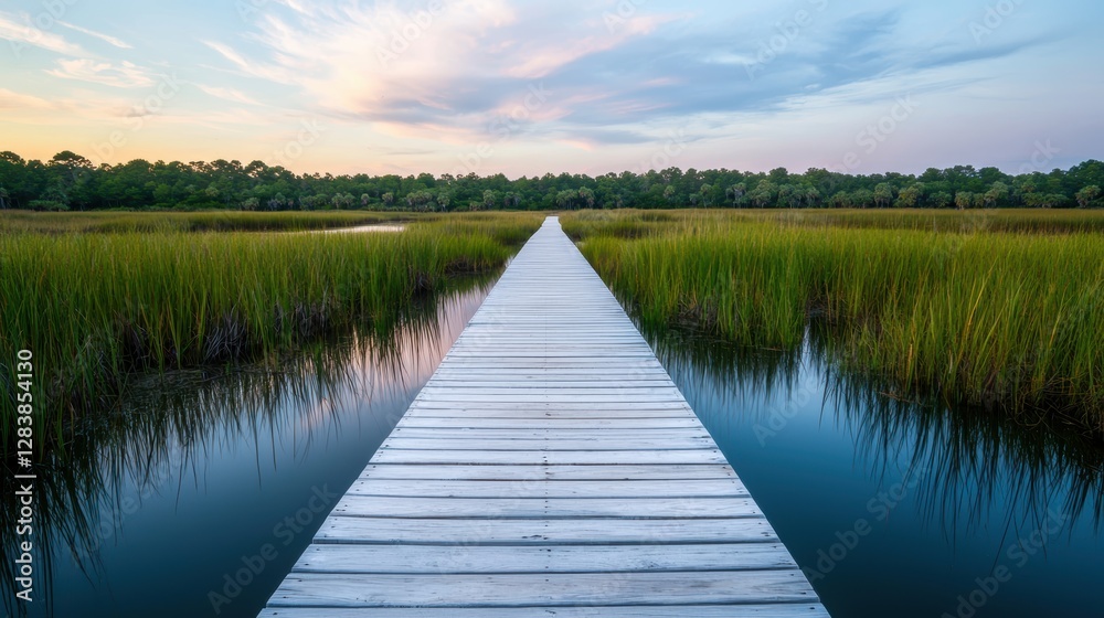 Obraz premium A serene wooden pathway stretches over a tranquil body of water, flanked by lush greenery under a colorful sky at dusk.