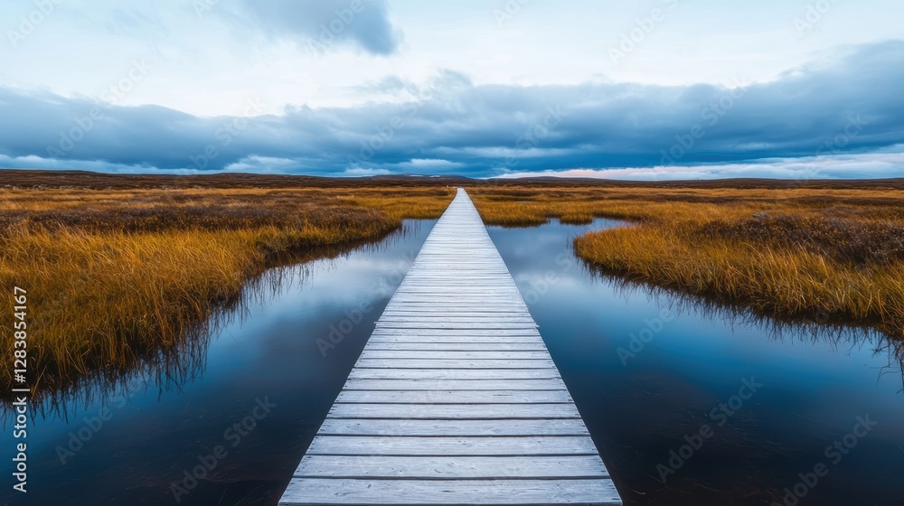 Fototapeta premium A serene wooden boardwalk stretches through golden marshlands under a cloudy sky, reflecting tranquility and natural beauty.