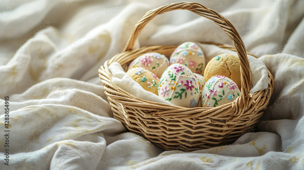cozy Easter scene with basket of decorated eggs on fabric cozy Easter scene with basket of decorated eggs on fabric